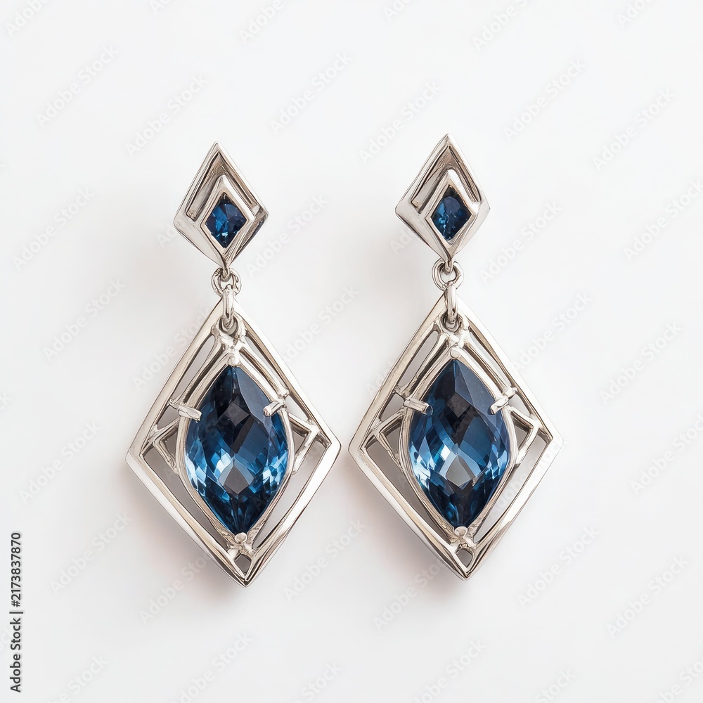 Fototapeta premium The image features a pair of elegant dangling earrings with a geometric design. Each earring has a small, diamond shaped element at the top, set with a dark blue gemstone