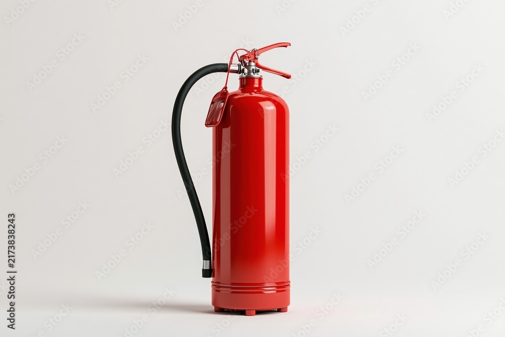 Fototapeta premium Red fire extinguisher standing upright on white background