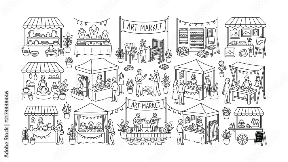 Fototapeta premium Hand-Drawn Art Market Scene with Stalls, Artists, Musicians, and Shoppers, Vector Illustration