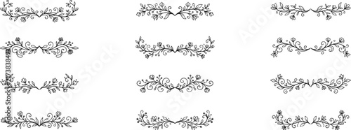 Floral ornament line border set. Hand drawn line doodle style floral divider elements. Flower, vine leaf ornament border frame text vintage flourish decoration. Vector illustration