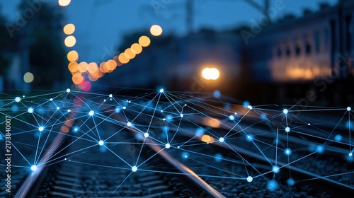 Digital network graph overlay on train tracks at