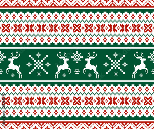 Nordic Christmas pixel art knit pattern with reindeer and snowflakes in green, red, and white tones. Design for festive fabric, wrapping, and winter branding. Vector illustration knitted style.
