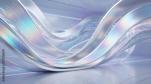 Abstract futuristic silver holographic waves flowing in a clean digital space background.