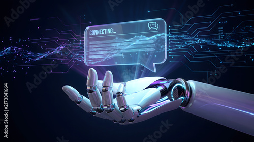 Futuristic AI Chatbot Interface with Humanoid Robot Hand and Digital Communication Network Concept for Design