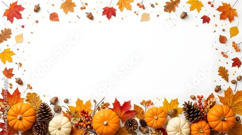 Autumn harvest frame with pumpkins, pinecones, acorns, and fall leaves isolated on white background