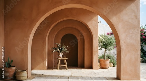 Terracotta wall with architectural arches and Mediterranean patio background