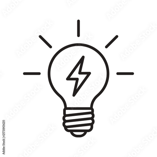 Black and white line art icon of a light bulb with a lightning bolt symbol inside representing energy and creative ideas