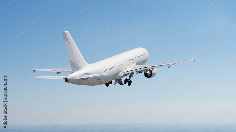 Fototapeta premium White Commercial Passenger Airplane Taking Off From Airport Runway Into The Clear Blue Sky During A Daytime Flight