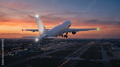 White Commercial Passenger Jet Taking Off From Airport Runway During A Bright Day