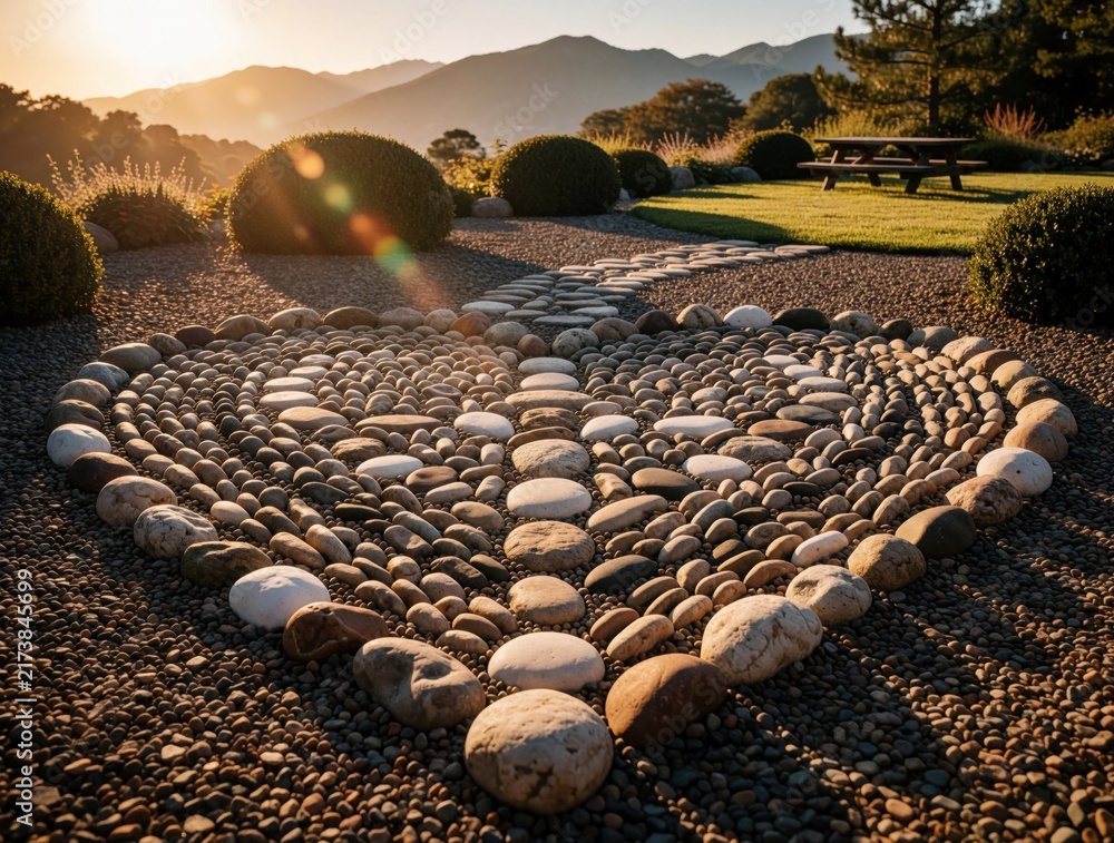 Fototapeta premium Heart shaped pebble path in garden at sunset. Smooth stones create romantic pattern on ground. Beautiful landscape with mountains, green bushes, lawn. Peaceful outdoor zen space with warm golden