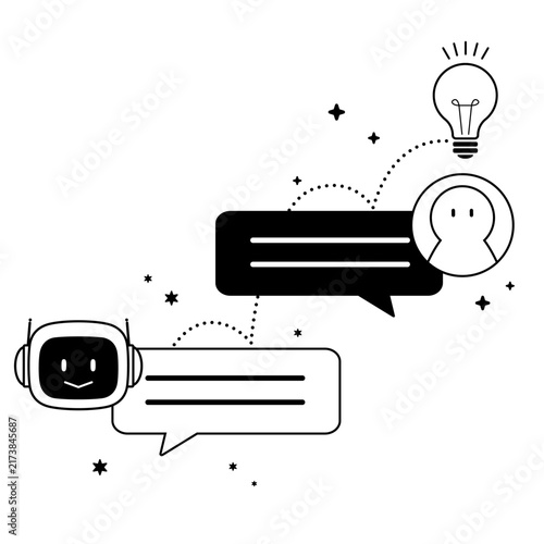 Robot and human chatting with idea lightbulb, AI conversation illustration