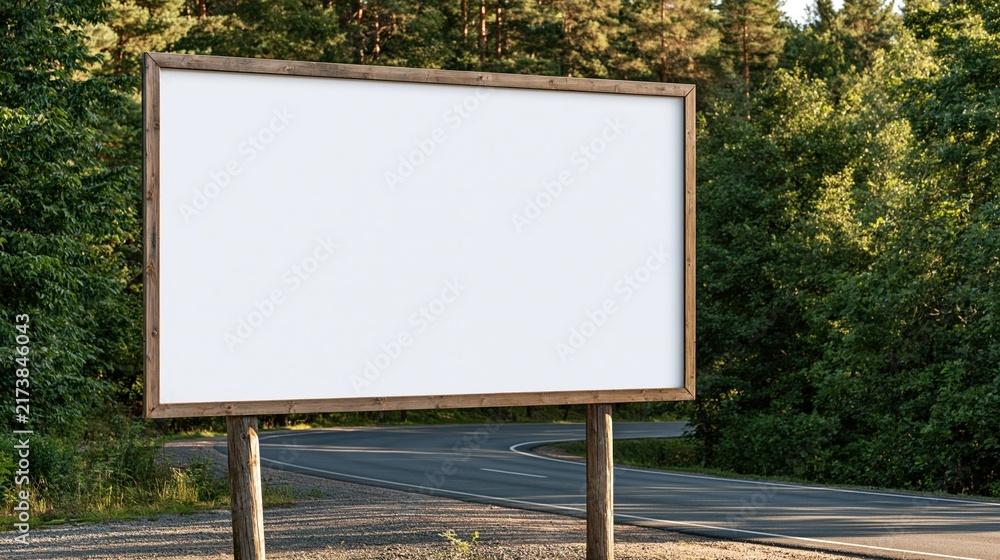 Fototapeta premium Empty wooden billboard beside winding forest road