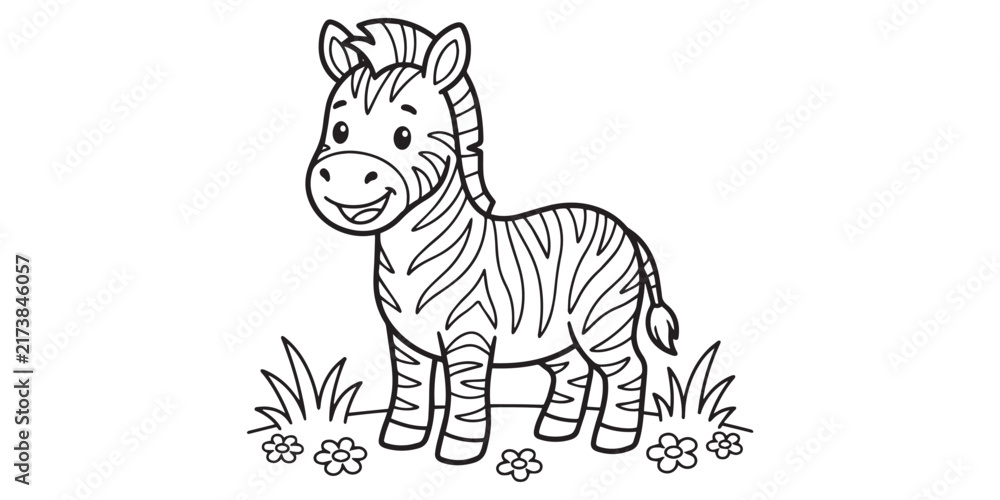 Fototapeta premium A cute little zebra standing in the grass illustrated as a black and white coloring page