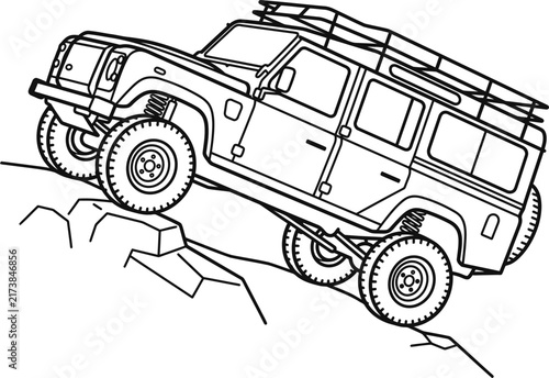 Outline drawing of a powerful four wheel drive off road vehicle climbing over rugged rocky terrain for adventure