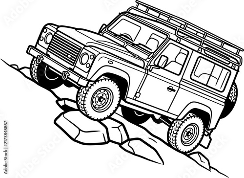 Off-Road Four Wheel Drive Sport Utility Vehicle Navigating Steep Rocky Terrain for Wilderness Adventure Coloring Book Illustration