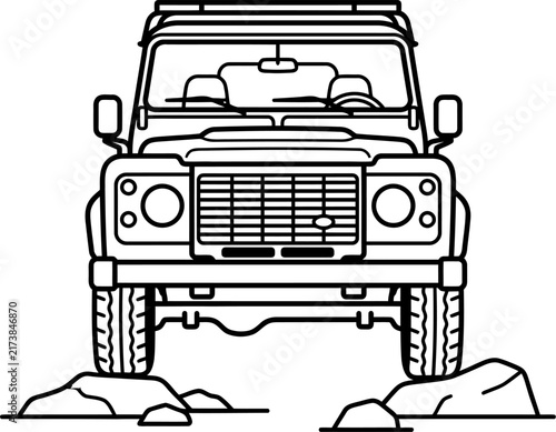 Vector Outline of a Rugged All Terrain Off-Road Truck Parked on Rocks for Outdoor Exploration and Safari Theme