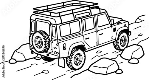 Black and white line art vector illustration of a rugged four wheel drive SUV driving over large rocks on an off road trail