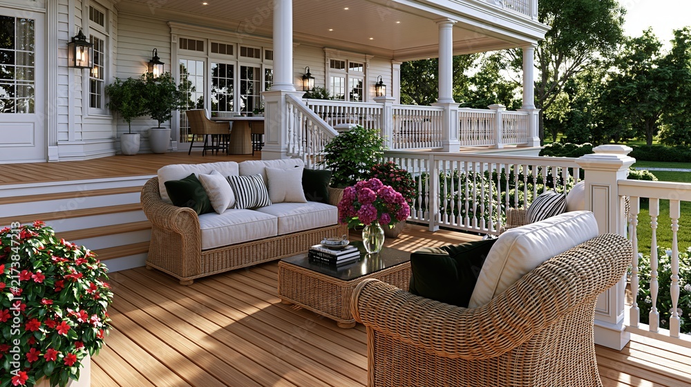 Naklejka premium Wicker furniture on wooden porch with flowers and