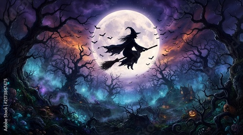 A witch silhouette flies across a glowing full moon over a spooky, glowing purple forest filled with pumpkins and twisted trees.