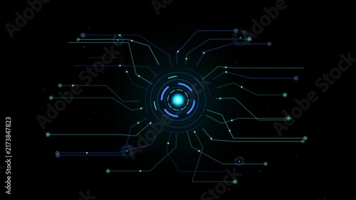 Title: Abstract futuristic HUD tech circuit board background with glowing core and animated data lines
