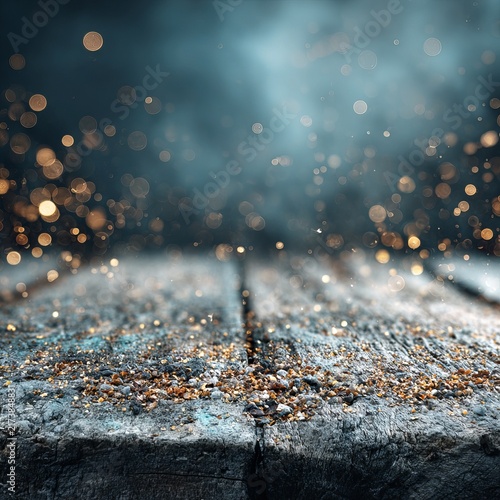 Mystical wooden surface with bokeh lights and shimmering particles.