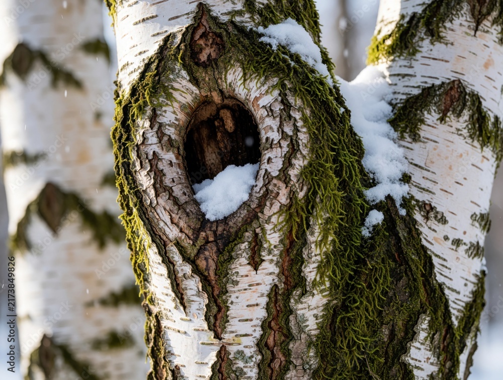 Naklejka premium Close up of birch tree trunk with hollow knot. White bark texture covered by green moss, fresh snow. Winter forest background shows organic patterns, rough surface. Natural wood detail in cold