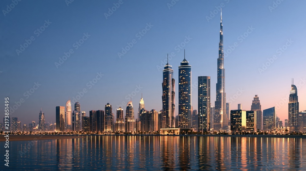 Naklejka premium Modern skyscrapers reflecting in calm water at dusk