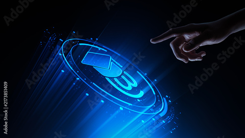Plakat Hand Touching Virtual E Learning Interface With Online Course Icon