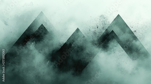 Abstract Geometric Mountain Peaks with Misty Smoke and Particles - Teal and Gray Background