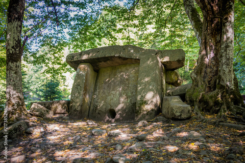 Фотография Ancient portal dolmen in forest in Russia, Lagonaki