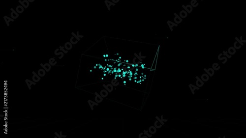 3D futuristic wireframe cube rotating with glowing cyan data particles for big data analysis and science concept