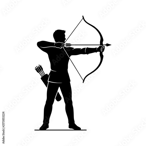 Black silhouette of an archer aiming a bow and arrow isolated on white background.