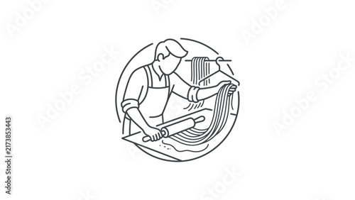 Artisan Pasta Maker Rolling Dough and Drying Noodles in Circular Emblem Logo