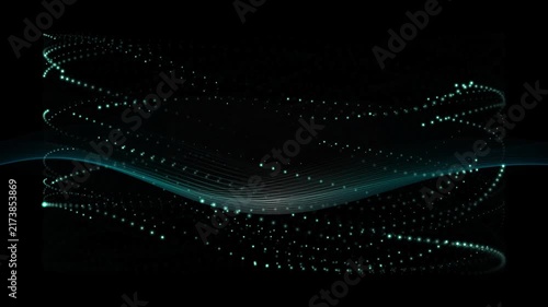 Abstract rotating cyan particle cylinder with flowing wave lines background for big data and sound frequency concept