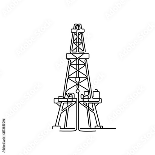 elegant minimalist black and white vector illustration of an oil rig rendered in a continuous single line art style, combining modern aesthetics with industrial design.
