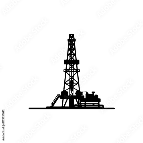 bold black minimalist flat vector silhouette of a classic onshore oil rig standing firmly on a clean, thin horizontal ground line, representing land petroleum extraction.
