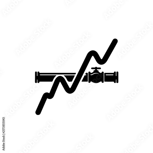 minimalist black and white vector illustration combining an industrial oil pipeline with a financial rising and falling line chart, symbolizing crude oil market trends, petroleum economics, and energy
