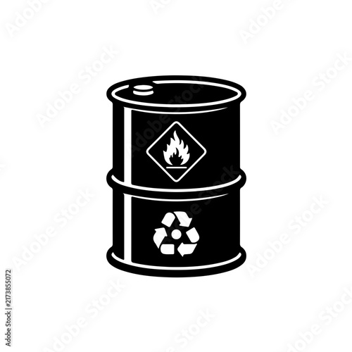 minimalist black and white vector illustration of a classic industrial oil barrel featuring clean lines, textural details, and a hazard symbol, representing petroleum storage and chemical safety.
​