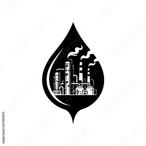 striking black and white conceptual vector illustration featuring a sleek oil droplet silhouette enclosing a detailed oil refinery with smokestacks inside, representing energy production and the petro