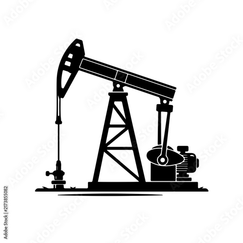 striking minimalist black and white vector illustration of a classic oil pumpjack, capturing the iconic side profile and mechanical silhouette of the traditional petroleum extraction machinery.
​