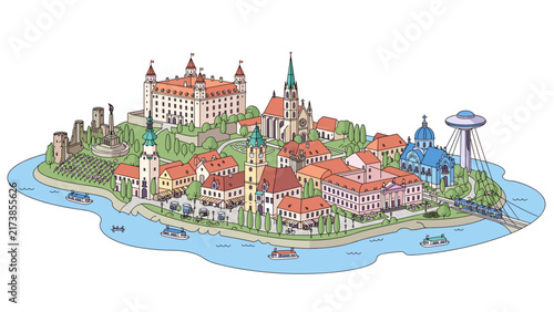 Bratislava city landmarks isometric vector illustration featuring Bratislava Castle and Old Town architecture