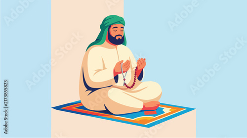 Bild auf Leinwand Man Praying with Beads on Prayer Rug