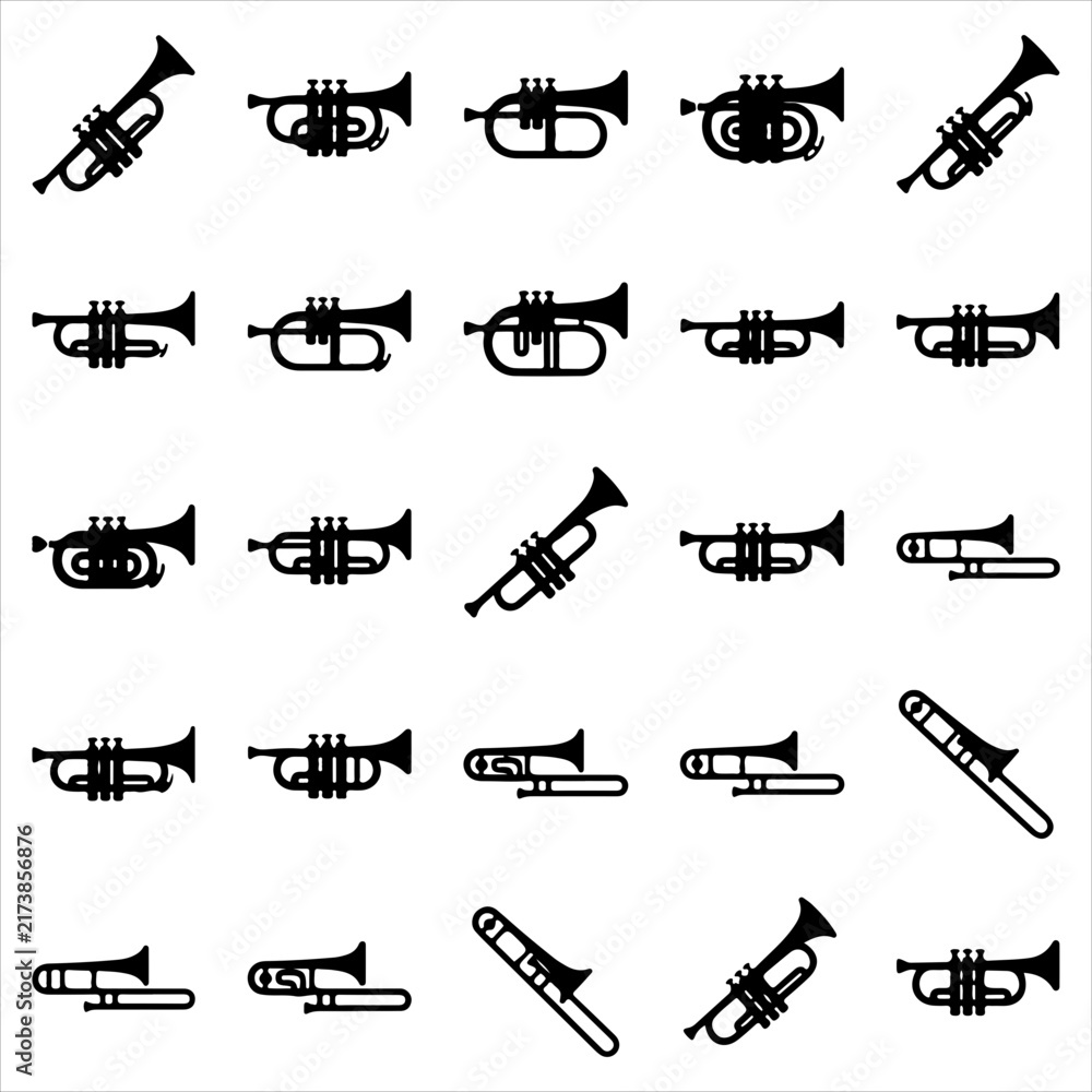 Obraz premium Set of trumpet and trombone musical instruments vector icons with trombone instrument orchestra performance entertainment classical silhouette collection isolated equipment