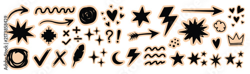 Hand drawn doodle element set with arrows stars hearts lightning and sparkles sticker bundle for scrapbook vector