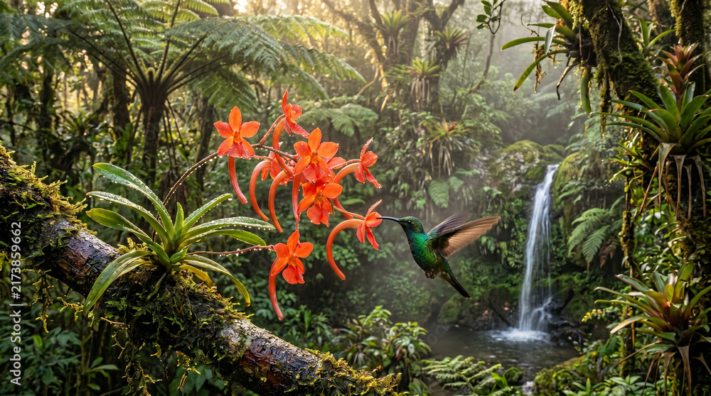 Fototapeta premium Emerald hummingbird drinks nectar from vibrant orange orchid flowers in a lush misty tropical rainforest