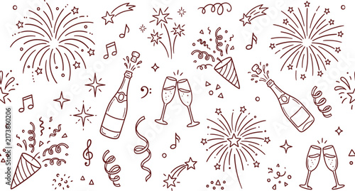 New Year Celebration Hand Drawn Doodle Vector Set. Fireworks, Champagne, Party Hats and Confetti