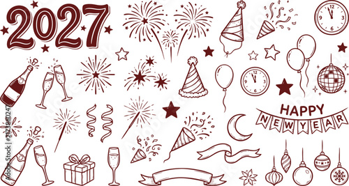 Happy New Year 2027 Celebration Vector Set Fireworks, Champagne, Party Hats, Balloons and Decorations.