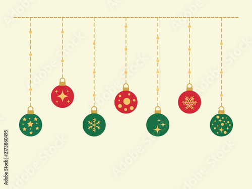 Christmas Hanging Ornaments Collection with Red and Green Baubles. Elegant Holiday Decoration Vector Background