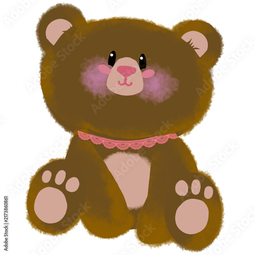 cute teddy bear vector illustration featuring a fluffy brown stuffed toy sitting with rosy pink cheeks and pink lace collar isolated on black background fluffy plush bear character ideal for nursery d