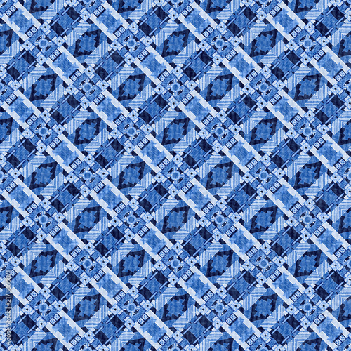 blue patchwork seamless pattern vector with intricate geometric quilted motifs on denim indigo texture traditional diagonal abstract tileable background ideal for fashion textile fabric quilting wallp